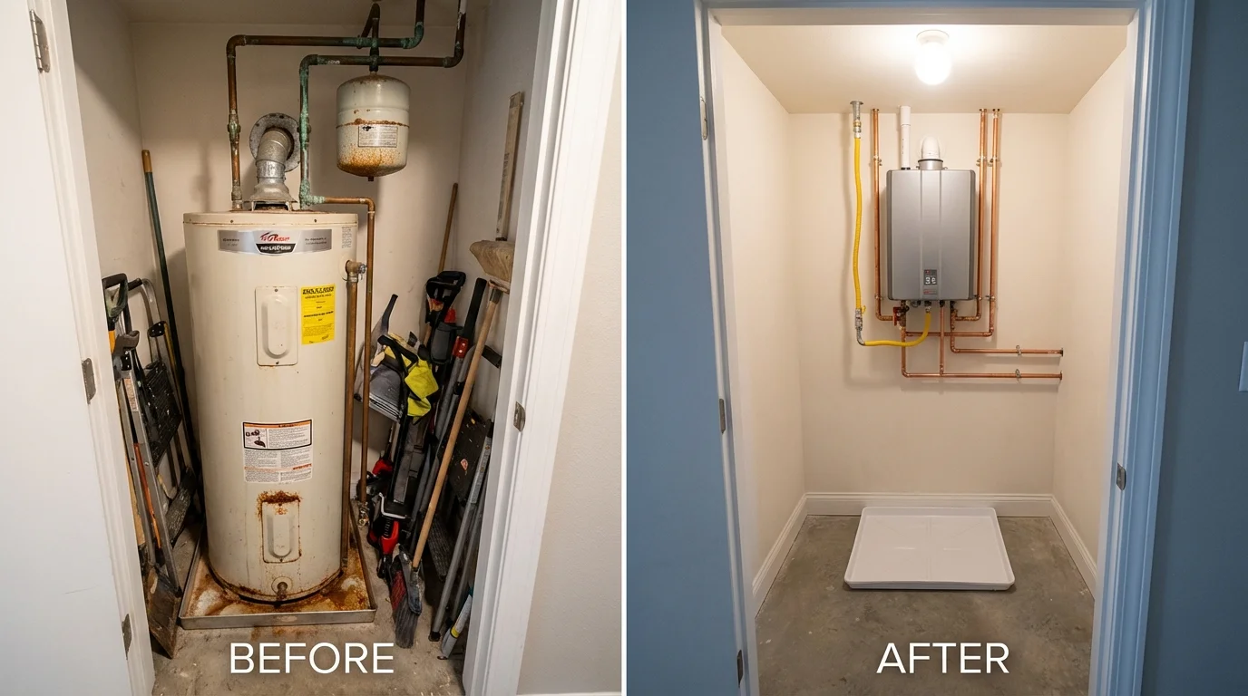 Tank water heater versus wall-mounted tankless unit comparison for Celina, TX homeowners